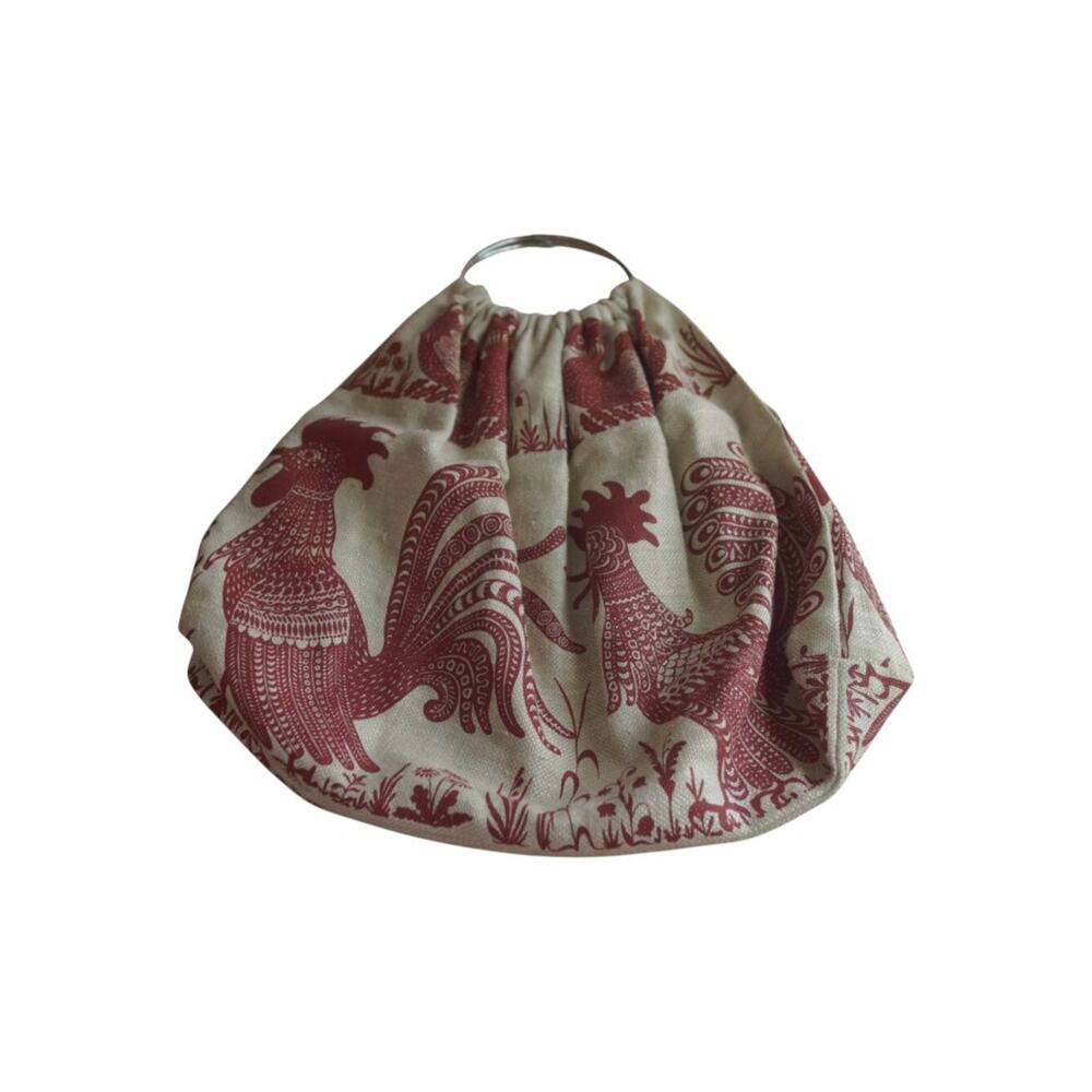 Vintage Rooster Bird Tapestry Ring Handle Bag Removable Cream Red Large - Picture 4 of 16